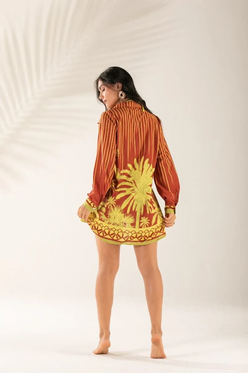 Printed resort shirt dress with palm trees
